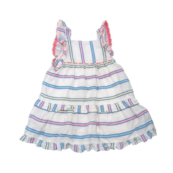 Cat & Jack White Blue Pink Yellow Striped Tiered Pompom Ruffle Dress Girls Sz 2T - Picture 1 of 6